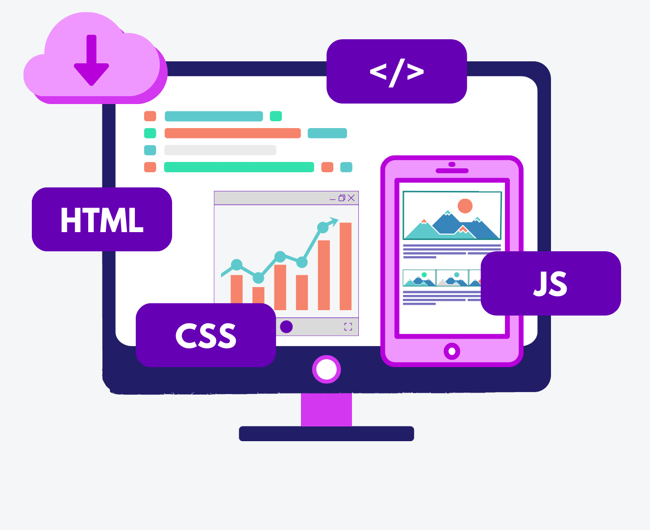 Monitor, laptop y logos de HTML, CSS, JavaScript y React.